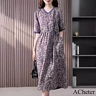 【ACheter】 法式溫柔風印花連身裙韓版氣質短袖系帶顯瘦碎花V領長版洋裝# 118805 2XL 花紋色