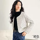【初色】圓領單排扣小香風長袖短版粗花毛呢西裝外套─米白色─30621(M─2XL可選) 2XL 米白色