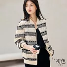 【初色】撞色蕾絲拼接小立領條紋長袖棒球夾克外套─杏色─30948(M─2XL可選) L 杏色
