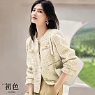 【初色】小香風短版粗花毛呢圓領口袋長袖外套─淺米色─31441(M─2XL可選) XL 淺米色