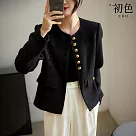 【初色】粗花毛呢休閒百搭短款金釦圓領長袖小香風外套─黑色─31977(M─2XL可選) XL 黑色