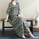 【ACheter】 花色度假風旅遊V領短袖復古長裙遮肉棉麻感連身裙洋裝# 121352 FREE 綠色
