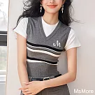 【MsMore】 假兩件短袖冰感針織圓領上衣美式復古刺繡修身短款# 121315 FREE 灰色