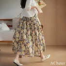 【ACheter】 油畫風碎花半身裙文藝復古百搭口袋鬆緊腰A字大擺長裙# 121872 M 紫色