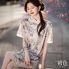 【初色】復古立領盤扣短袖印花拼接蕾絲旗袍中長裙連身洋裝連身裙洋裝─粉色─33812(M─XL可選) L 粉色