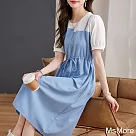 【MsMore】 藍白圓領拼色短袖連身裙休閒百搭長版洋裝# 122327 M 藍色