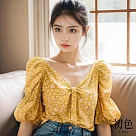 【初色】燈籠袖V字綁帶短袖T恤上衣雪紡女上衣─黃色─34744(M─2XL可選) M 黃色