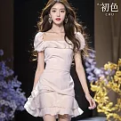 【初色】方領短袖荷葉邊A字裙連身裙短洋裝─杏色─34877(M─2XL可選) L 杏色