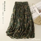 【ACheter】 重工炒色印麻裙飄逸細蘆麻半身裙碎花大擺長裙# 122524 M 綠色