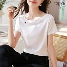 【初色】休閒簡約印花純色圓領短袖T恤上衣女上衣─白色─34017(M─2XL可選) M 白色