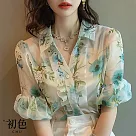 【初色】燈籠袖翻領碎花荷葉邊短袖襯衫T恤上衣─綠色─34037(M─2XL可選) M 綠色