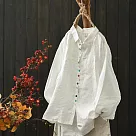 【ACheter】 寬鬆文藝翻領刺繡彩色紐扣棉麻襯衫長袖中長上衣# 123168 2XL 白色