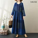 【AMIEE】棉麻復古度假風旅遊連身裙洋裝(KDDQ─8644) L 藍色格子