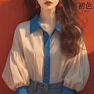【初色】撞色落肩翻領雪紡燈籠袖襯衫上衣女上衣─杏色─37841(M─2XL可選) M 杏色