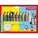 【STABILO】伍迪樂3合1水彩粉蠟筆 雙色筆頭10色+削筆器