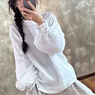 【ACheter】 優雅別致寬鬆花邊領苧麻感長袖襯衫中長上衣# 124271 2XL 白色