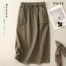 【AMIEE】簡約棉麻鬆緊腰抽繩開叉直筒裙(KDSY─1837) L 軍綠色