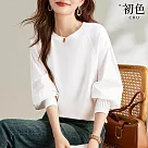 【初色】慵懶風休閒寬鬆純色褶皺圓領長袖燈籠袖T恤上衣女上衣─白色─11050(M─2XL可選) M 白色