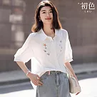 【初色】簡約純色印花單排釦五分袖燈籠袖襯衫上衣女上衣─白色─11061(M─3XL可選) 2XL 白色