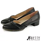 【Pretty】女 低跟鞋 反摺 斜口 金邊 尖頭 粗跟 台灣製 JP24.5 黑色