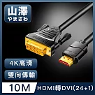 山澤 HDMI轉DVI(24+1)高解析度4K抗干擾雙向傳輸轉接線 10M