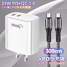 HANG C66 PD+QC快充 雙Type C 充電頭─白色+勇固 Type─C to Type─C 耐彎折快充線3米 灰色