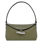 LONGCHAMP LE ROSEAU系列金屬竹節牛皮半月形單肩包(小) 卡其綠