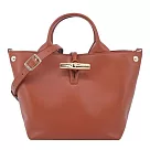 LONGCHAMP LE ROSEAU系列金屬竹節滑面小牛皮手提/斜背兩用包(小) 樹皮紅