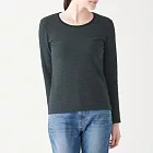 [MUJI無印良品]女有機棉混彈性針織圓領橫紋長袖T恤XL深綠紋樣