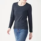 [MUJI無印良品]女有機棉混彈性針織圓領橫紋長袖T恤S藍紋樣