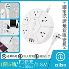 aibo PD快充20W USB延長線-1.8米 (3孔1切5座+PD+2USB)