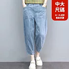 【慢。生活】薄款牛仔鬆緊高腰寬鬆百搭刺繡口袋七分褲 72960  FREE 藍色