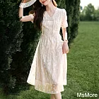 【MsMore】 新中式米白色顯瘦剪花肌理連身裙氣質V領短袖盤扣長裙洋裝# 121642 M 米白色