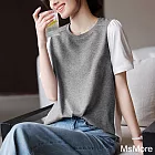 【MsMore】 圓領短袖撞色拼接設計休閒寬鬆顯瘦T恤短版灰色上衣# 121740 M 灰色
