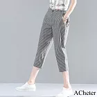 【ACheter】 薄款棉麻感七分褲大碼顯瘦寬鬆條紋蘿蔔哈倫休閒褲# 121806 M 黑白色