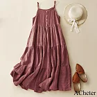 【ACheter】 棉麻感蛋糕裙吊帶連身裙沙灘休閒渡假長版洋裝# 121928 M 紅色