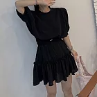 【ACheter】 韓國泡泡短袖短款上衣高腰+木耳邊半身短裙兩件式套裝# 121980 FREE 黑色