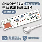 【正版授權】SNOOPY史努比 PD 37W平貼式延長線 按壓式4開3插+USB/Type-C延長線 1.8M 露營時刻