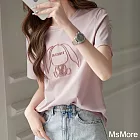 【MsMore】 短袖T恤洋氣刺繡韓版寬鬆薄款圓領甜美短版上衣# 122059 M 粉紅色