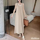 【MsMore】 假兩件背心連身裙圓領寬鬆氣質顯瘦長裙洋裝# 122099 L 米杏色