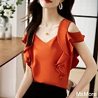 【MsMore】 淑女V領背心橘紅荷葉設計無袖雪紡短版上衣# 122114 M 橘紅色