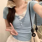 【MsMore】 甜辣妹蕾絲邊碎花短袖圓領T恤假兩件短版上衣# 122130 M 藍色