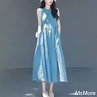 【MsMore】 韓版時尚寬鬆無袖系帶氣質無袖薄款大碼連身裙背心長版洋裝# 122148 M 藍色