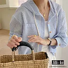 【Jilli~ko】單排扣條紋撞色短款寬鬆防曬連帽襯衫 J11839  FREE 藍色