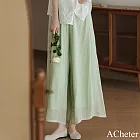 【ACheter】 鬆緊高腰國風側邊長帶子刺繡雙層開叉闊腿褲七八分裙褲# 122123 M 綠色