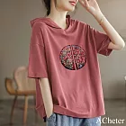 【ACheter】 棉短袖新中式連帽薄款國風印花潮流T恤短版上衣# 122199 L 粉紅色