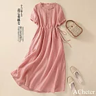 【ACheter】 文藝棉麻感木耳滾邊圓領簡約純色短袖輕薄顯瘦長洋裝# 122260 M 粉紅色