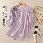 【ACheter】 刺繡棉麻感圓領上衣文藝復古寬鬆顯瘦短袖短版上衣# 122263 M 紫色