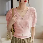 【MsMore】 法式輕奢氣質v領冰絲針織衫鏤空收腰顯瘦優雅短袖短版上衣# 122344 FREE 粉紅色