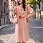 【MsMore】 刺繡國風新中式冰絲連身裙短袖長版直筒顯瘦洋裝# 122347 M 粉紅色